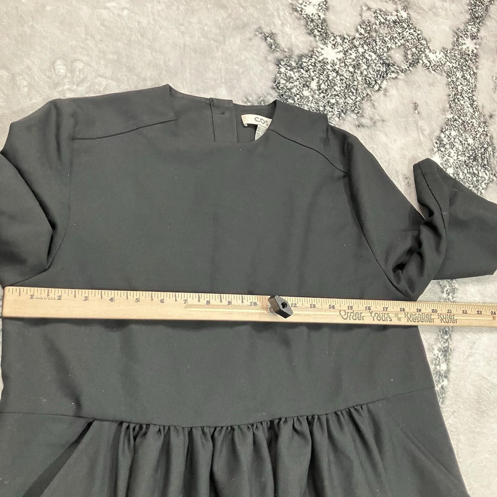 COS Black Gathered Waist Midi Dress 3/4 Sleeve Minimalist A-Line Women's US 4 - Picture 3 of 14